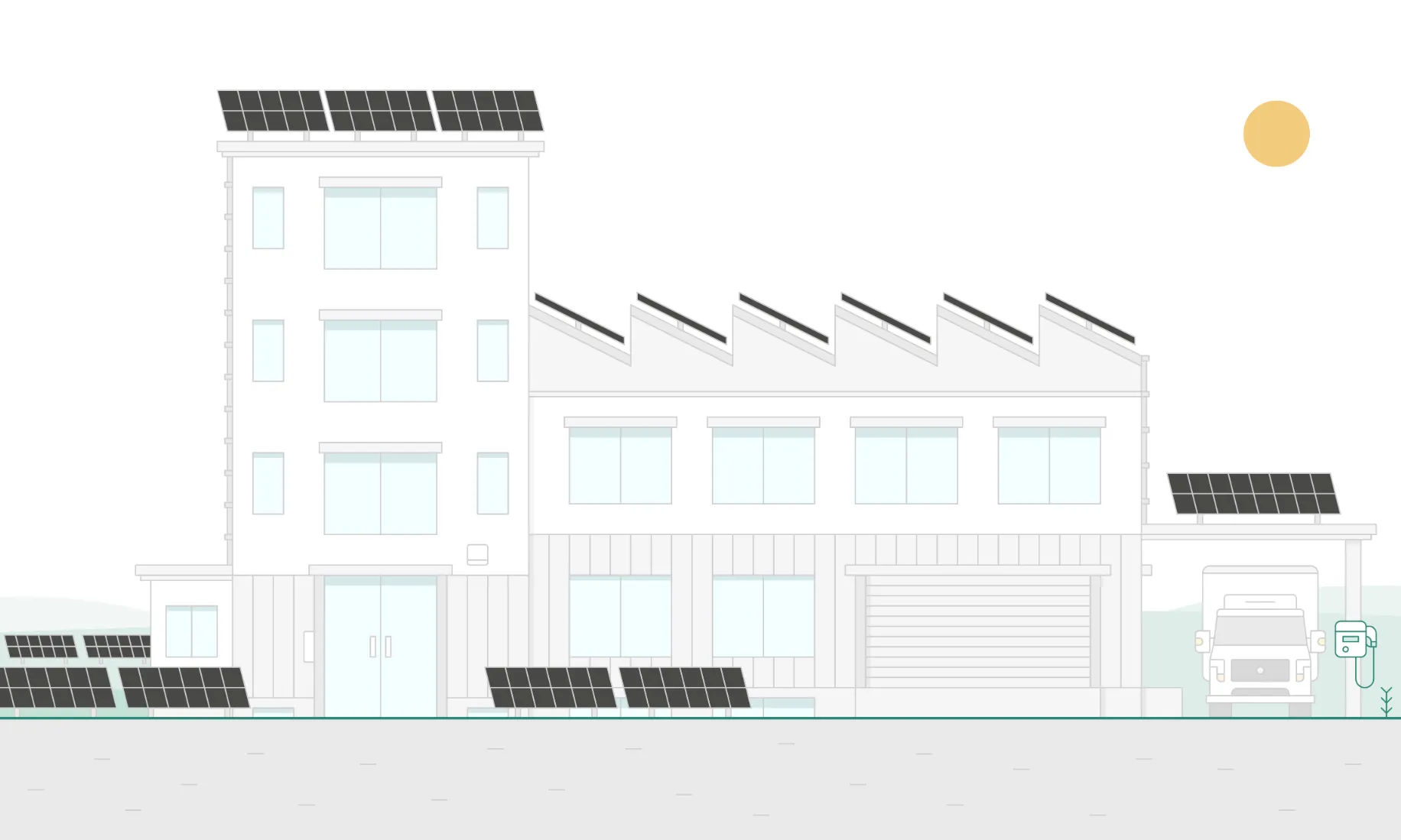 Illustration d'une entreprise avec des panneaux sur son toit, son parking et ses extérieurs