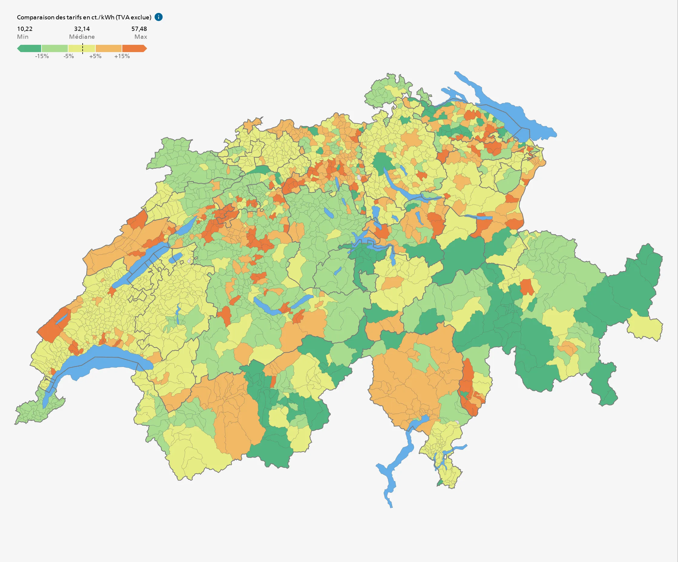 Carte créée par l'Elcom pour comparer les tarifs en Suisse